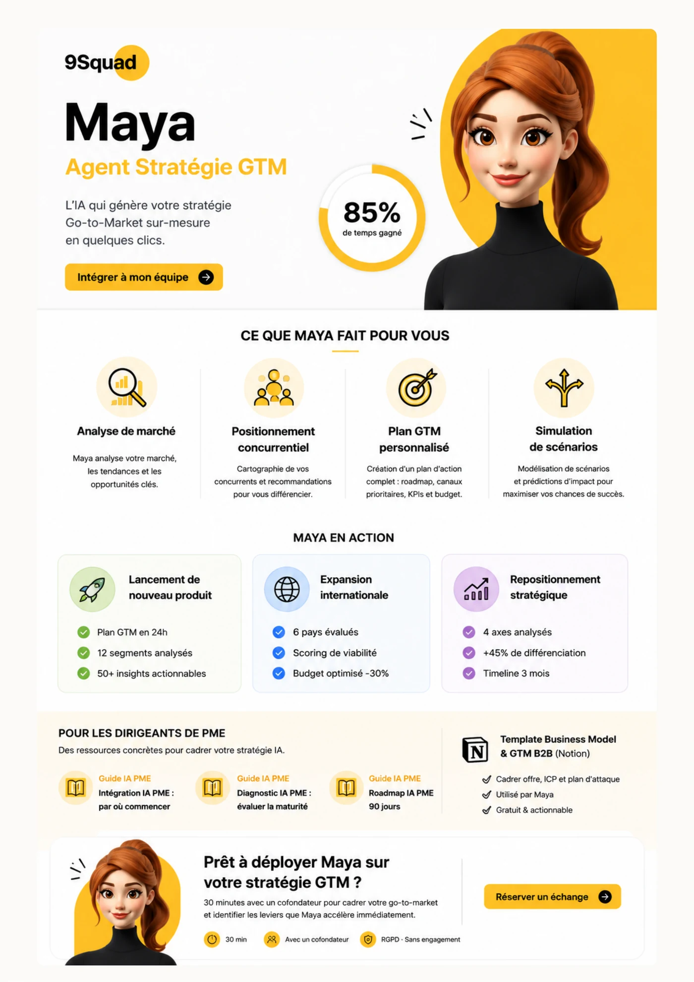 Infographie Maya, agent IA stratégie GTM 9Squad : diagnostic IA PME, roadmap 90 jours, priorisation cas d’usage et ROI attendu
