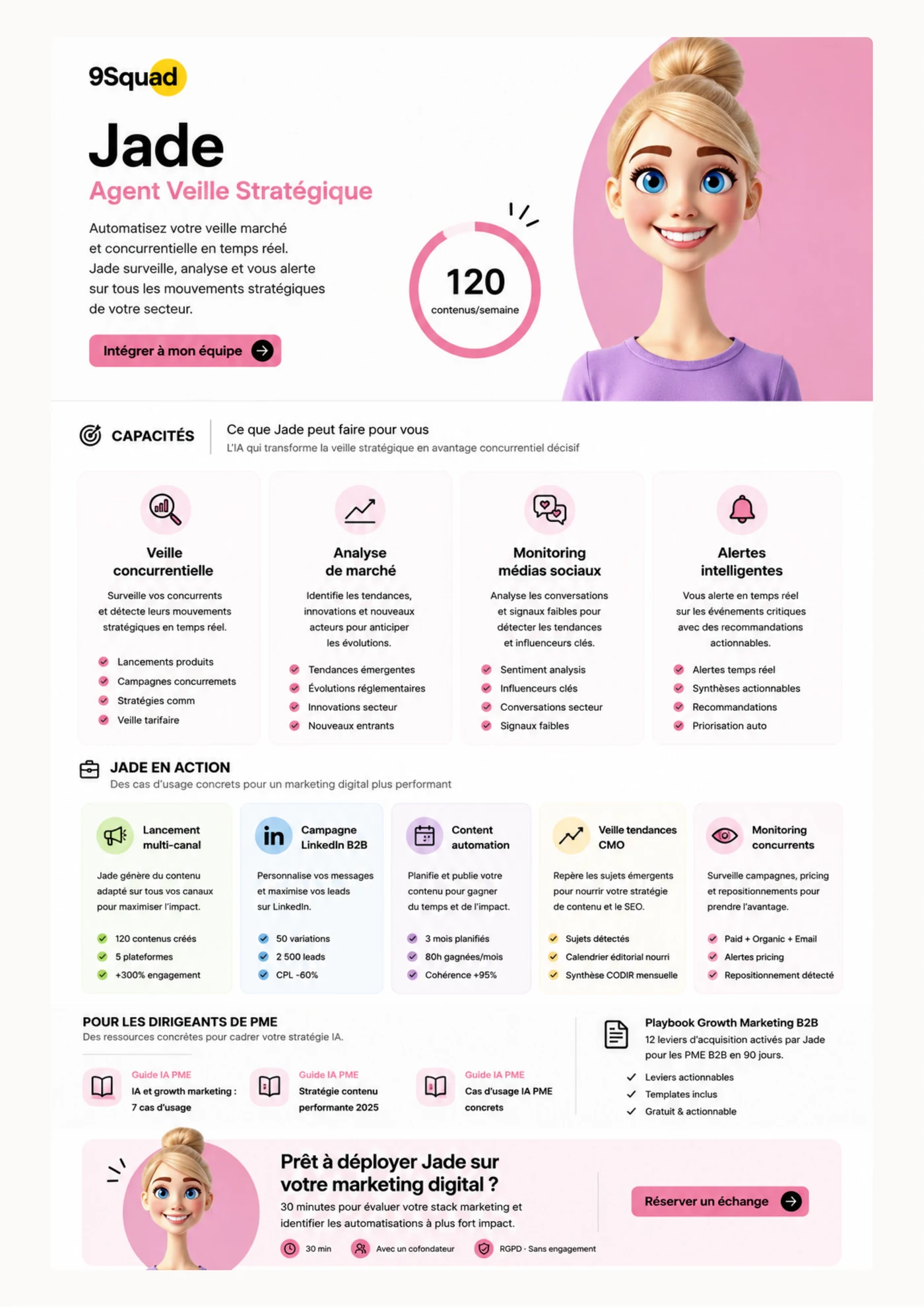 Infographie Jade, agent IA marketing digital 9Squad : campagnes multi-canal, personnalisation à l’échelle, analytics et attribution