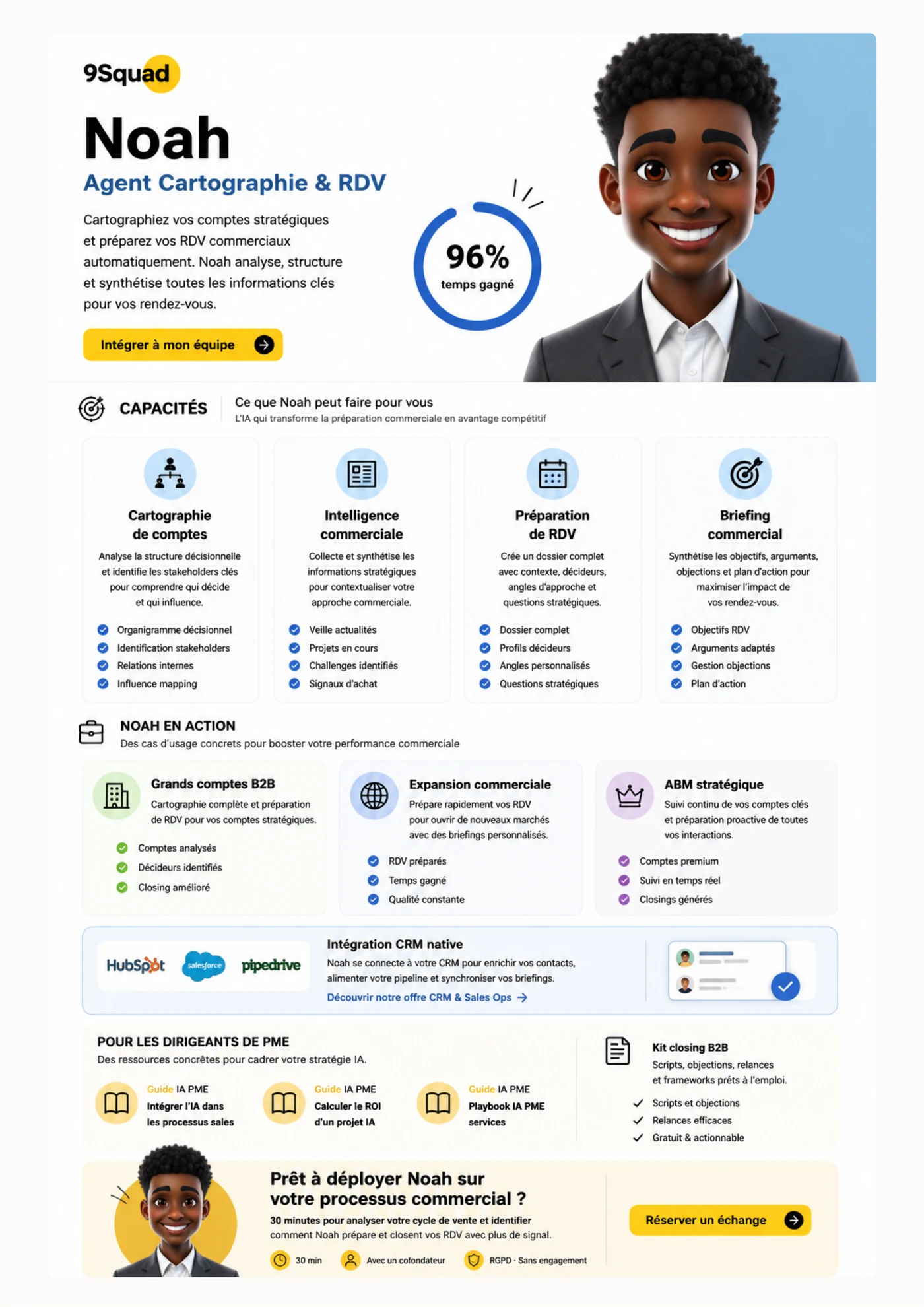 Infographie Noah, agent IA closing 9Squad : scoring pipeline, next best action, relance des deals stagnants, hygiène CRM automatisée