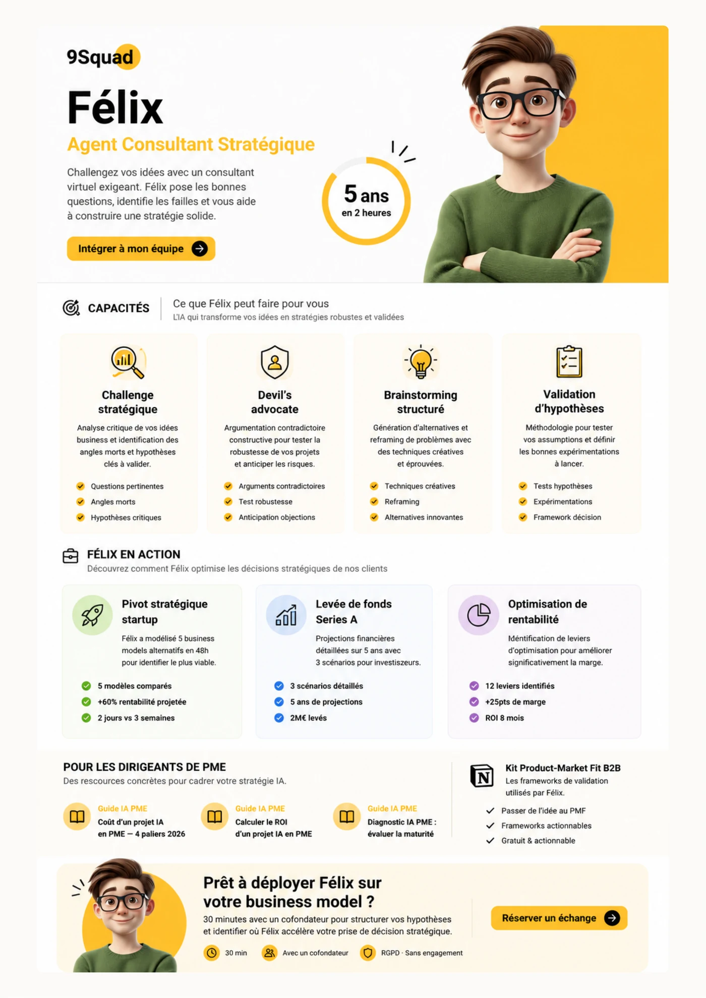 Infographie Félix, agent IA business model 9Squad : validation product-market fit, pricing, unit economics et scénarios de croissance