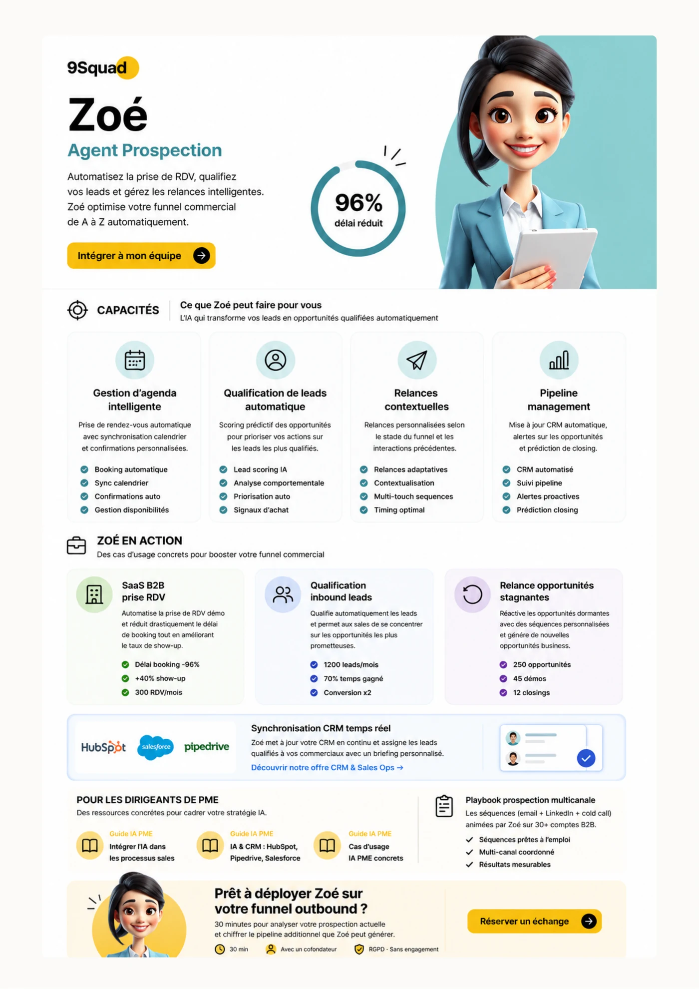 Infographie Zoé, agent IA prospection B2B 9Squad : prise de RDV automatisée 24/7, qualification leads multi-critères, relances contextuelles intelligentes