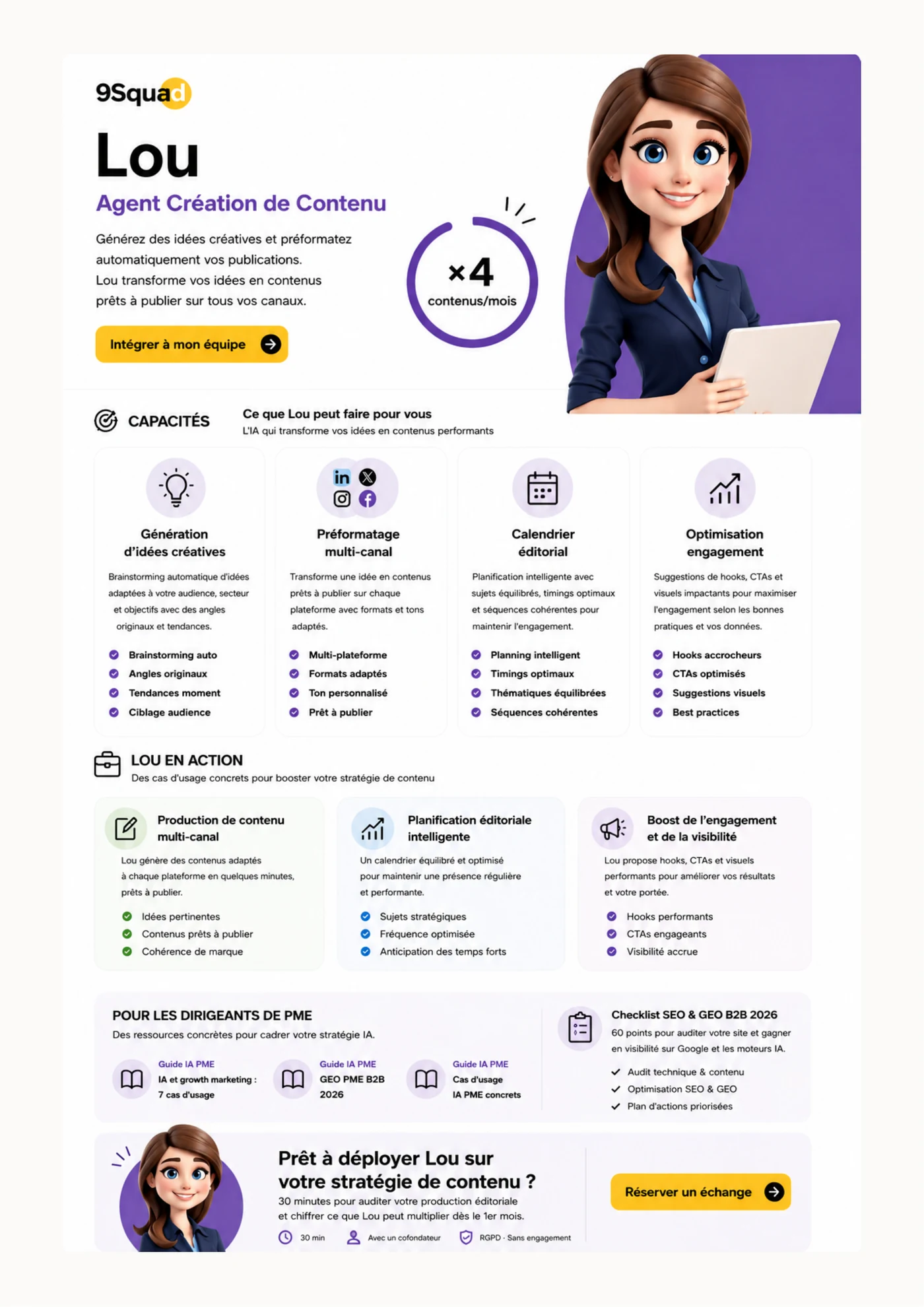 Infographie Lou, agent IA SEO et contenu GEO 9Squad : recherche mots-clés, briefs éditoriaux, optimisation LLM et extraction AI Overviews