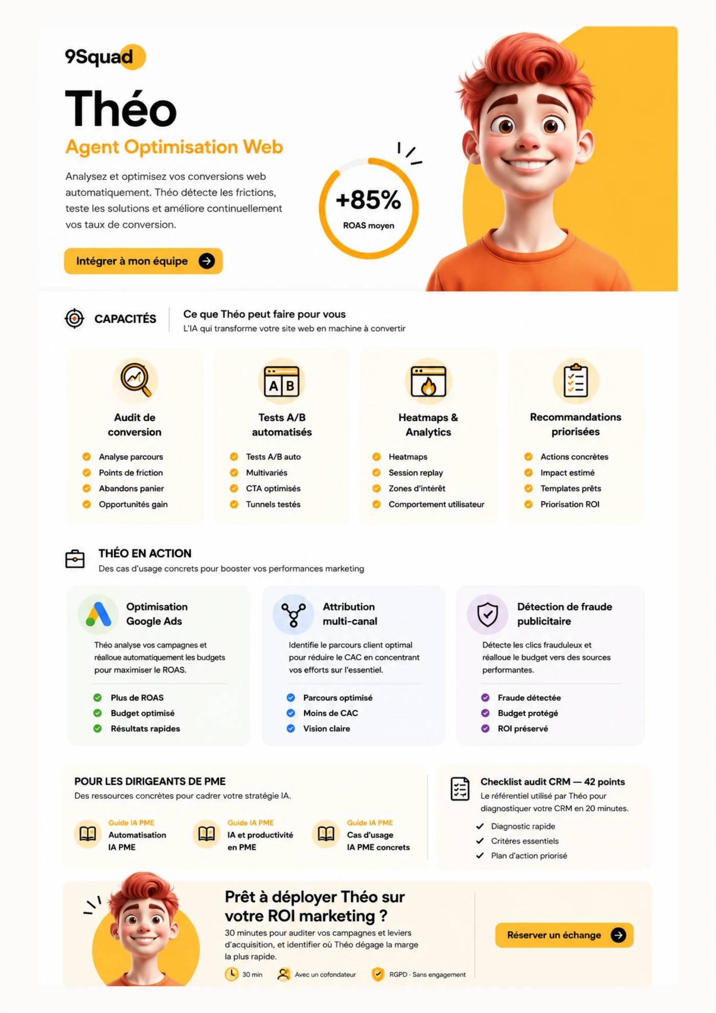 Infographie Théo, agent IA RevOps 9Squad : automatisation processus internes, orchestration workflows CRM, gains de productivité PME