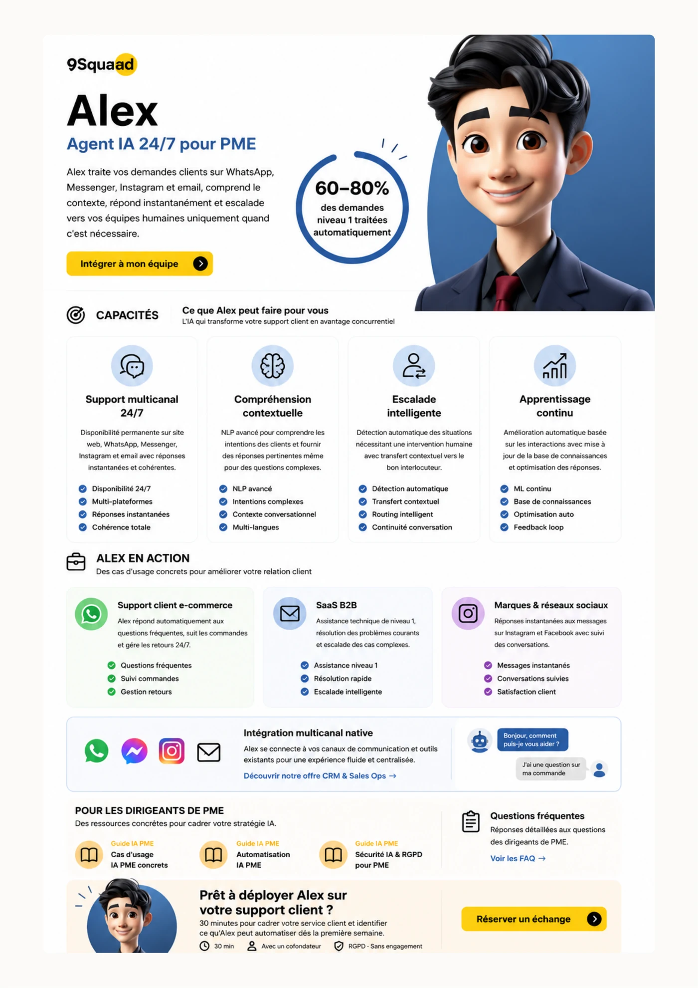 Infographie Alex, agent IA support client 9Squad : FAQ automatisée, triage tickets, escalade humaine intelligente, base de connaissance vivante