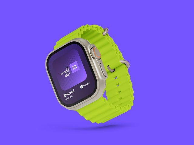 Montre connectée au bracelet vert signal affichant la pochette du podcast Le virage de l’IA