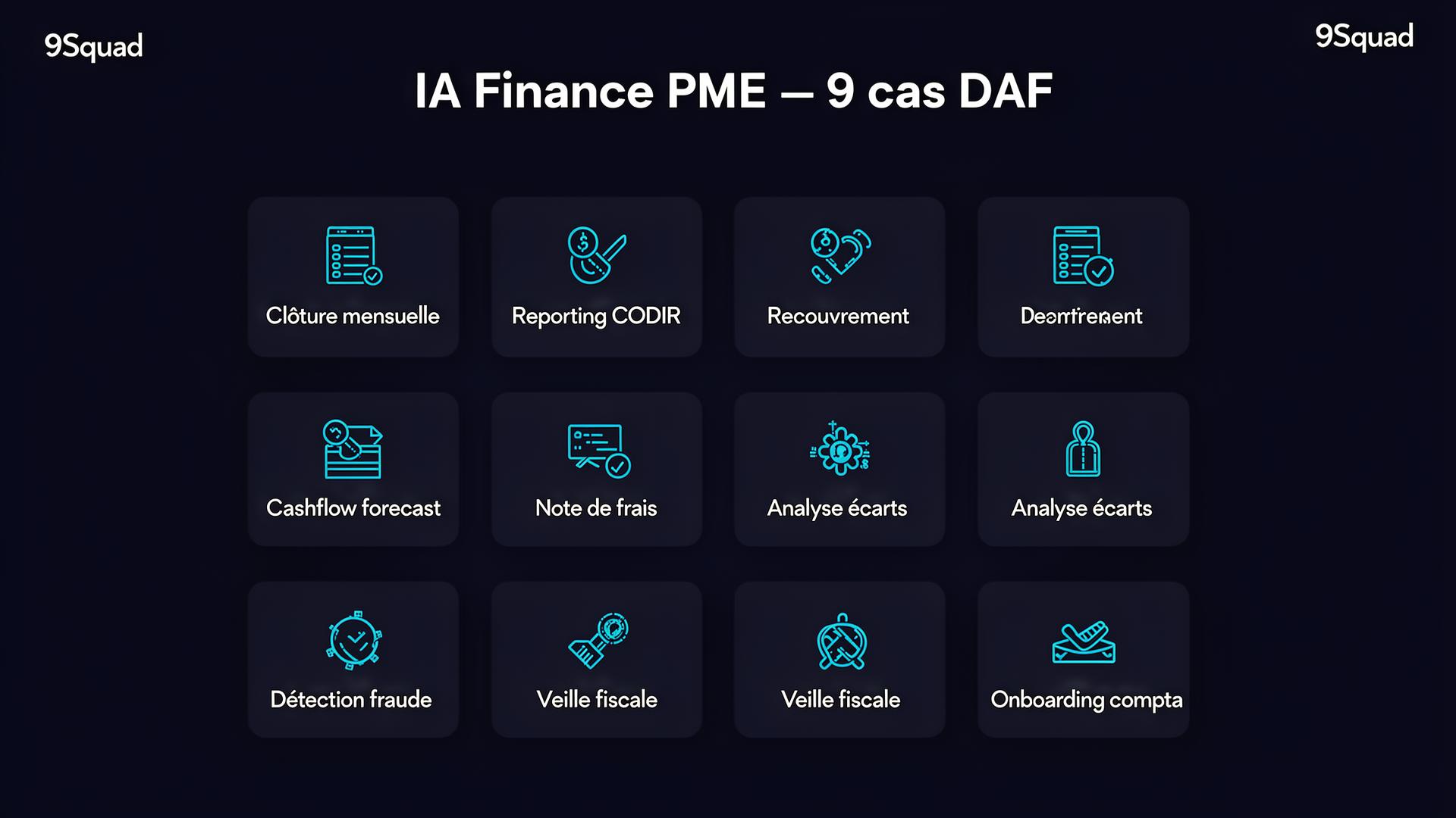 9 cas d’usage IA pour DAF de PME : clôture, reporting, recouvrement, cashflow, frais, écarts, fraude, fiscale, onboarding