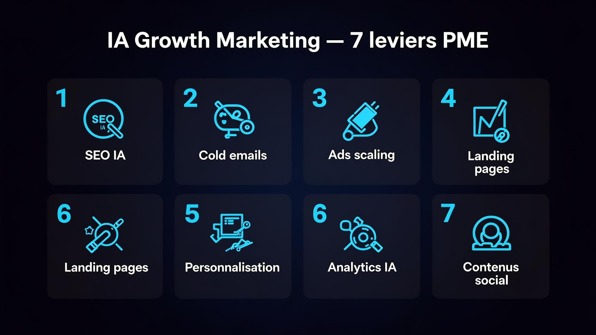 7 cas d’usage IA en growth marketing PME : SEO, cold emails, ads, landings, personnalisation, analytics, social, méthode 9Squad