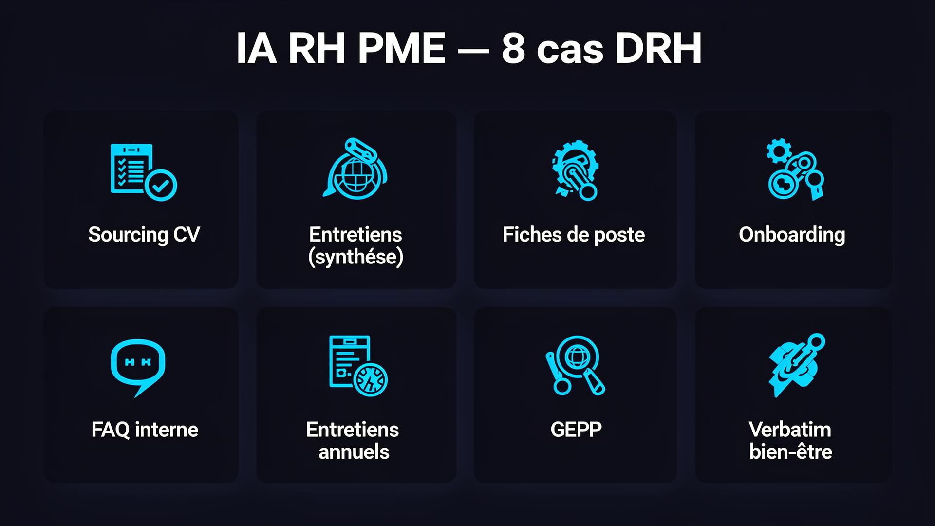 8 cas d’usage IA pour DRH de PME : sourcing, entretiens, fiches de poste, onboarding, FAQ, entretiens annuels, GEPP, verbatim bien-être