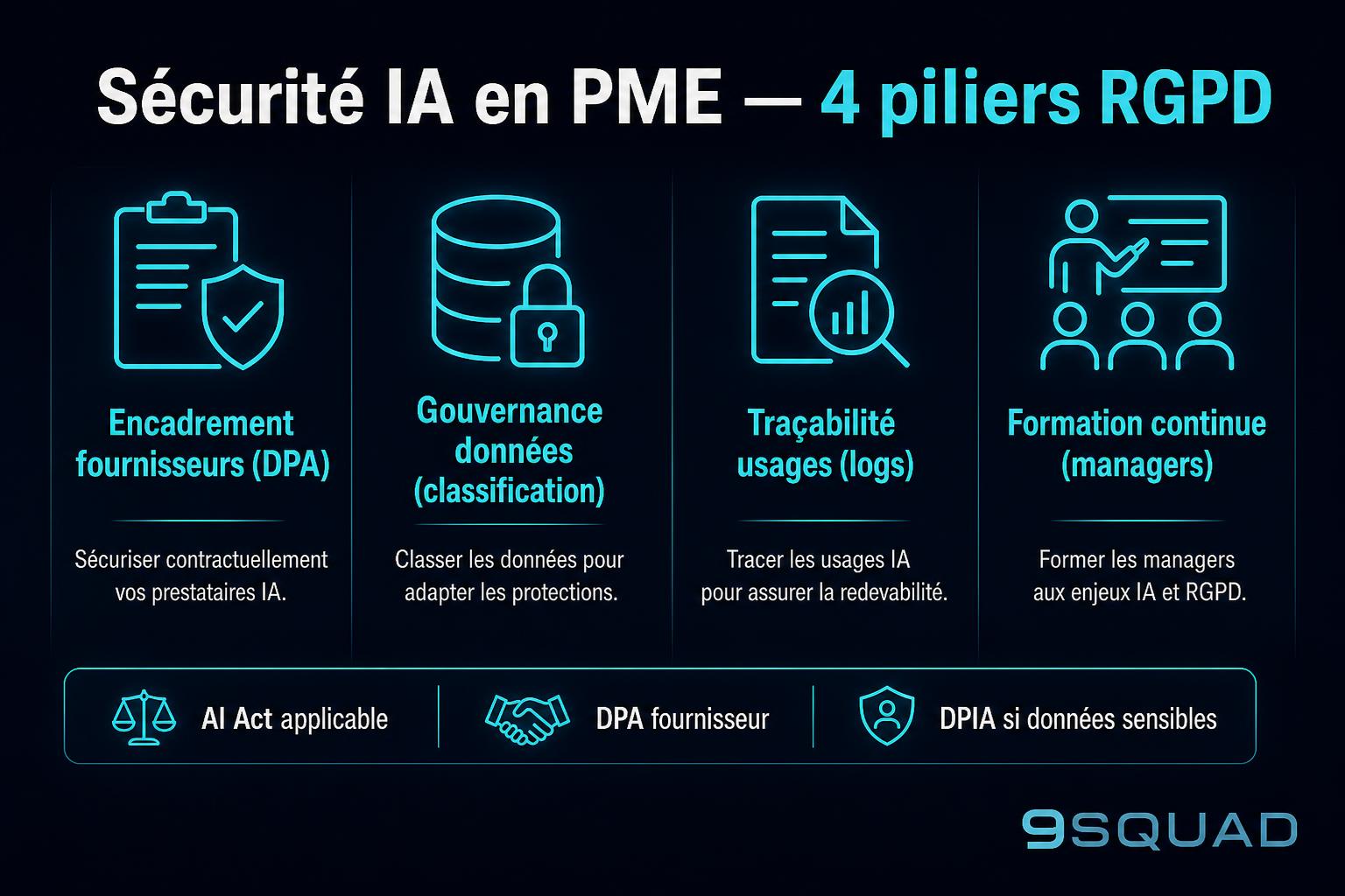 4 piliers de sécurité IA RGPD en PME : encadrement fournisseurs, gouvernance données, traçabilité usages, formation continue, méthode 9Squad